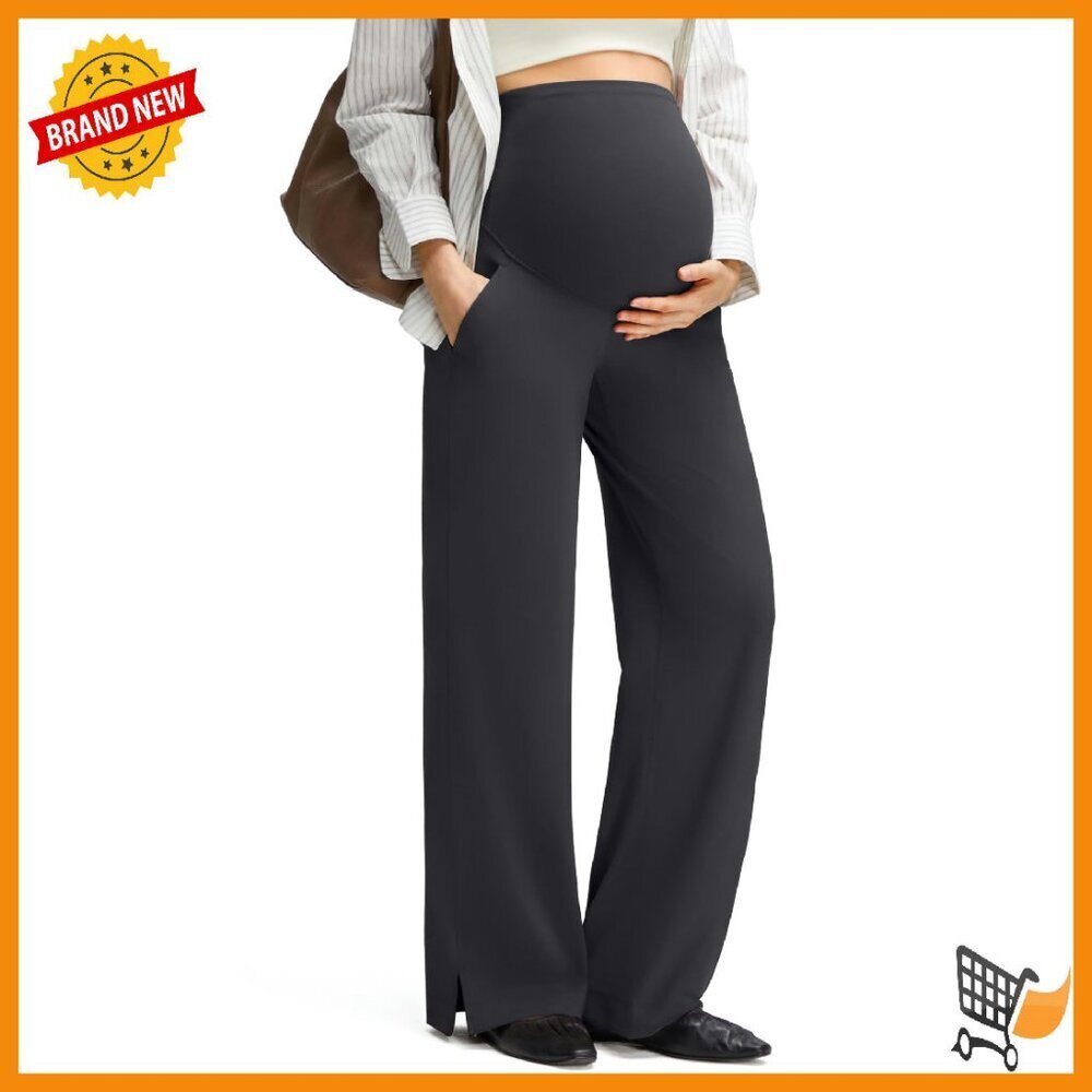 Maternity Work Pants Wide Leg Dress Trousers Pockets Over Belly